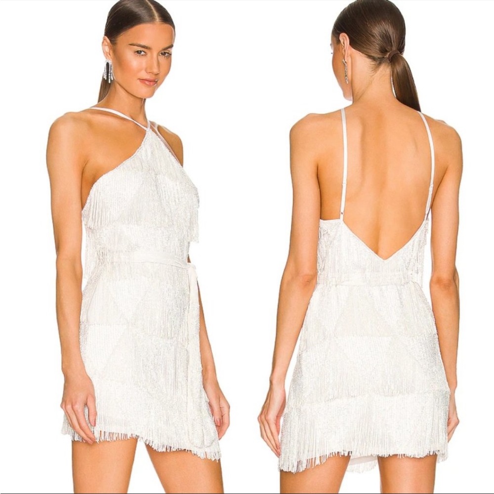 Retrofete clover dress in white beaded fringe